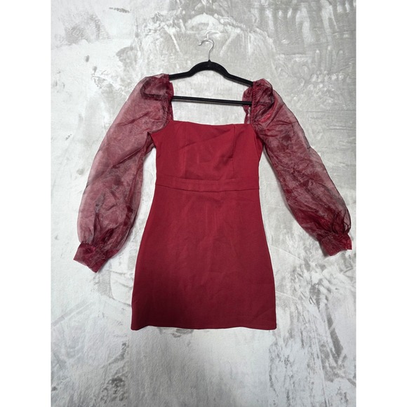 Fashion Nova Dresses & Skirts - Fashion Nova Burgundy Square Neck Sheer Puff Sleeve Mini Dress Small